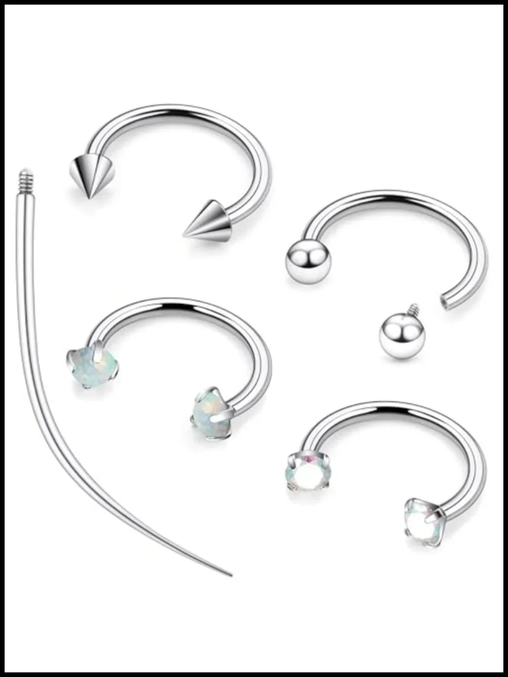 16G Titanium Horseshoe Septum Ring, 8mm, Ball & CZ & Opal, 4-Pc Set